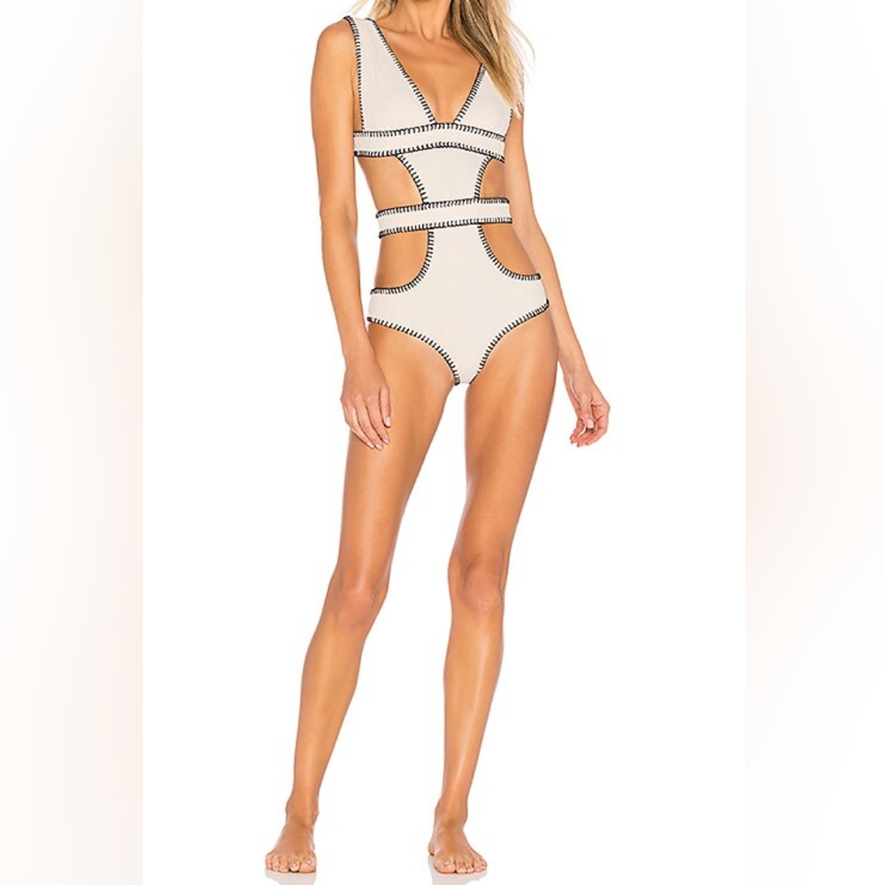 Ellejay Stylish White and Black Swimsuit with Silver Accent Large